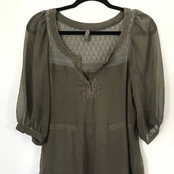 Free People XS Sheer Brown Peasant Boho Mini Shift Dress Embroidered Crochet - Picture 6 of 13